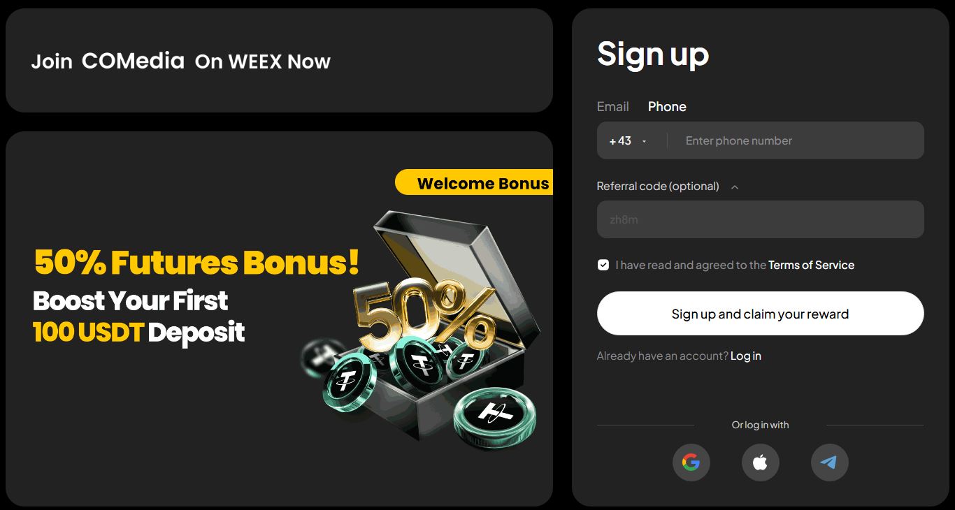 Registrace na platformě Weex zabere jen pár minut. Zdroj: weex