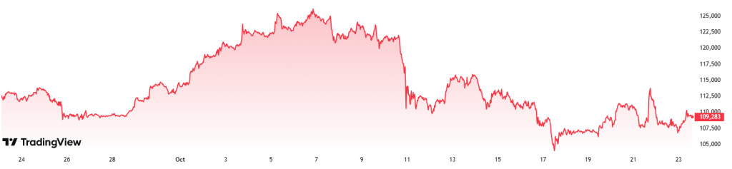 Bitcoin graf za poslední měsíc, stratil 3% své hodnoty. 