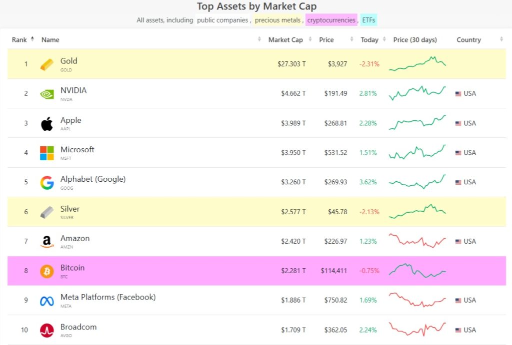 TOP 10 největších aktiv podle tržní kapitalizace.