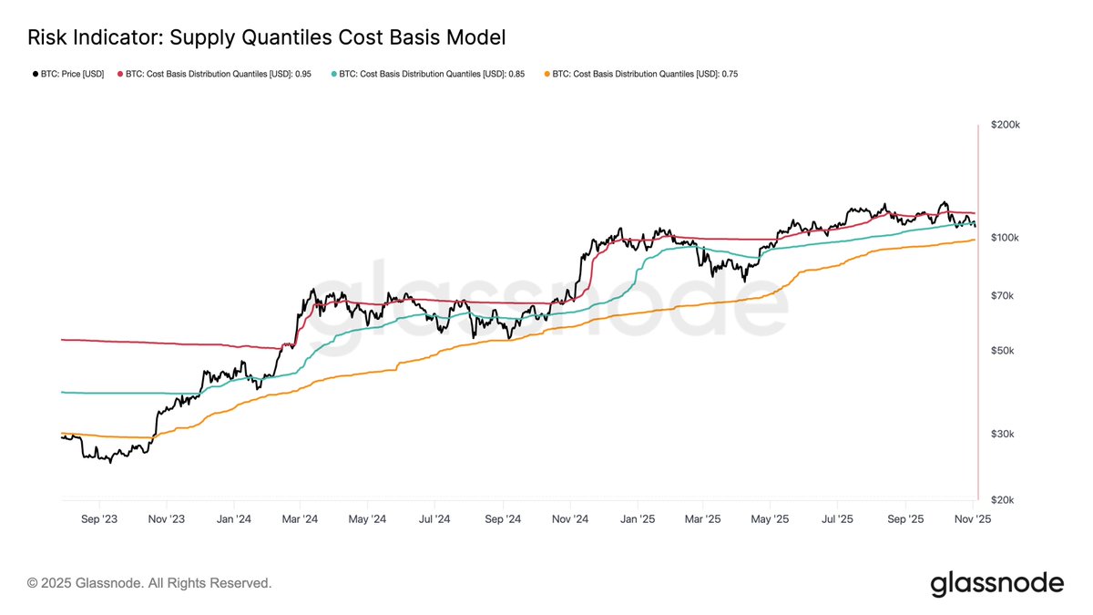 Cena BTC se aktuálně pohybuje mezi 85. a 75. percentilem nákladové báze, čímž testuje hranici klíčové podpory okolo 99 000 USD. Zdroj: Glassnode