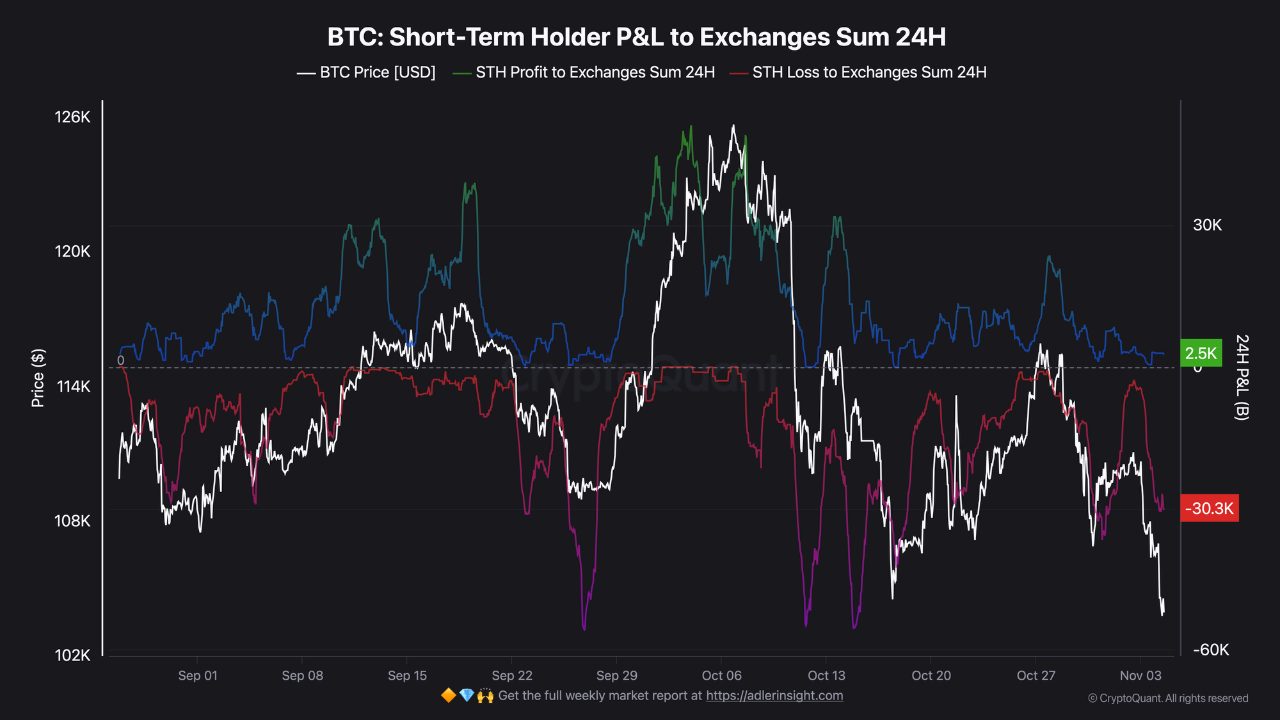 Krátkodobí držitelé BTC prodávají při každém růstu k 112 500 USD, čímž vytvářejí vytvářejí tlak na cenu. Zdroj: Cryptoquant