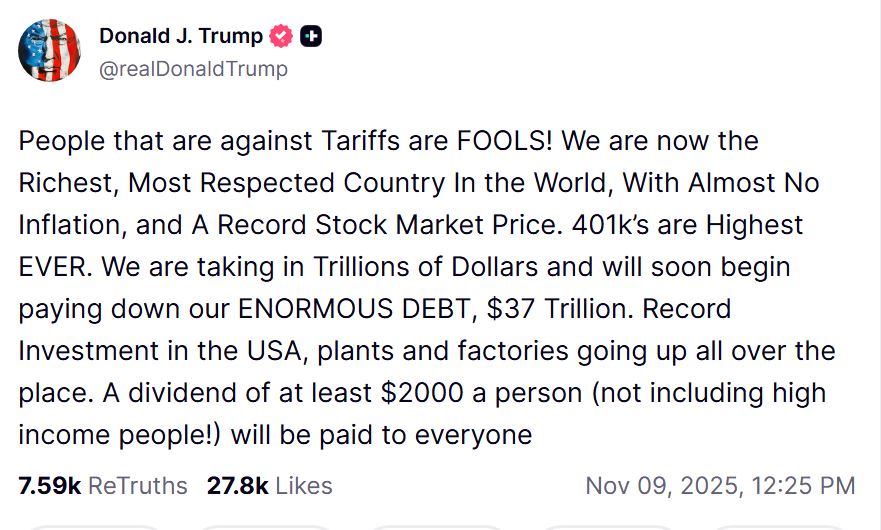 Vyjádření Donalda Trumpa o vyplacení 2 000 USD každému Američanovi.