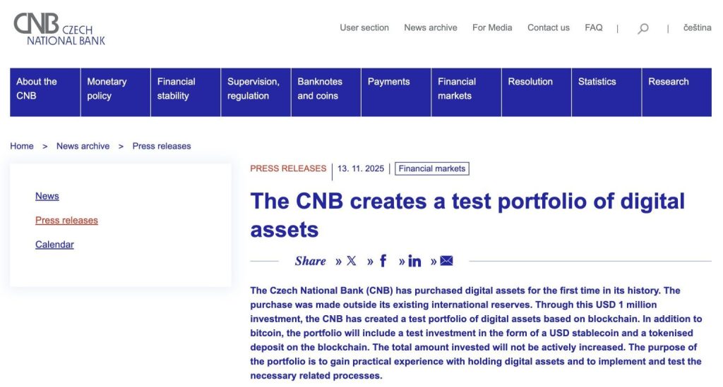 ČNB vytváří testovací portfolio digitálních aktiv.