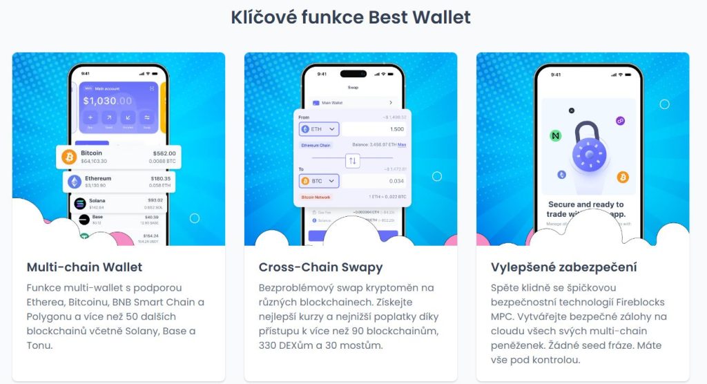 Klíčové funkce Best Wallet, peněženka podporuje více než 50 blockchainu včetně Bitcoinu a Etherea.