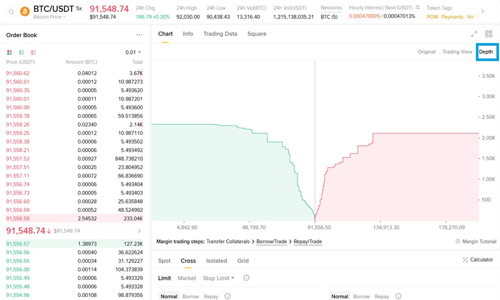 Graf hloubky trhu pro pár BTC/USDT na burze Binance zobrazující nákupní a prodejní objemy v reálném čase a aktuální order book