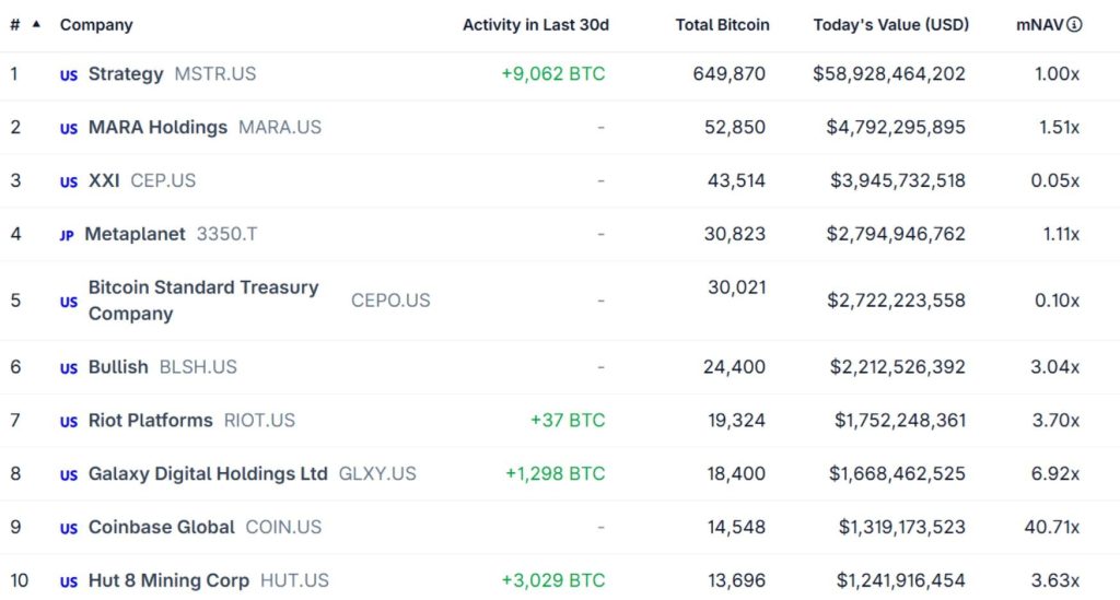 Největší korporátní držitelé BTC. Zdroj: CoinGlass