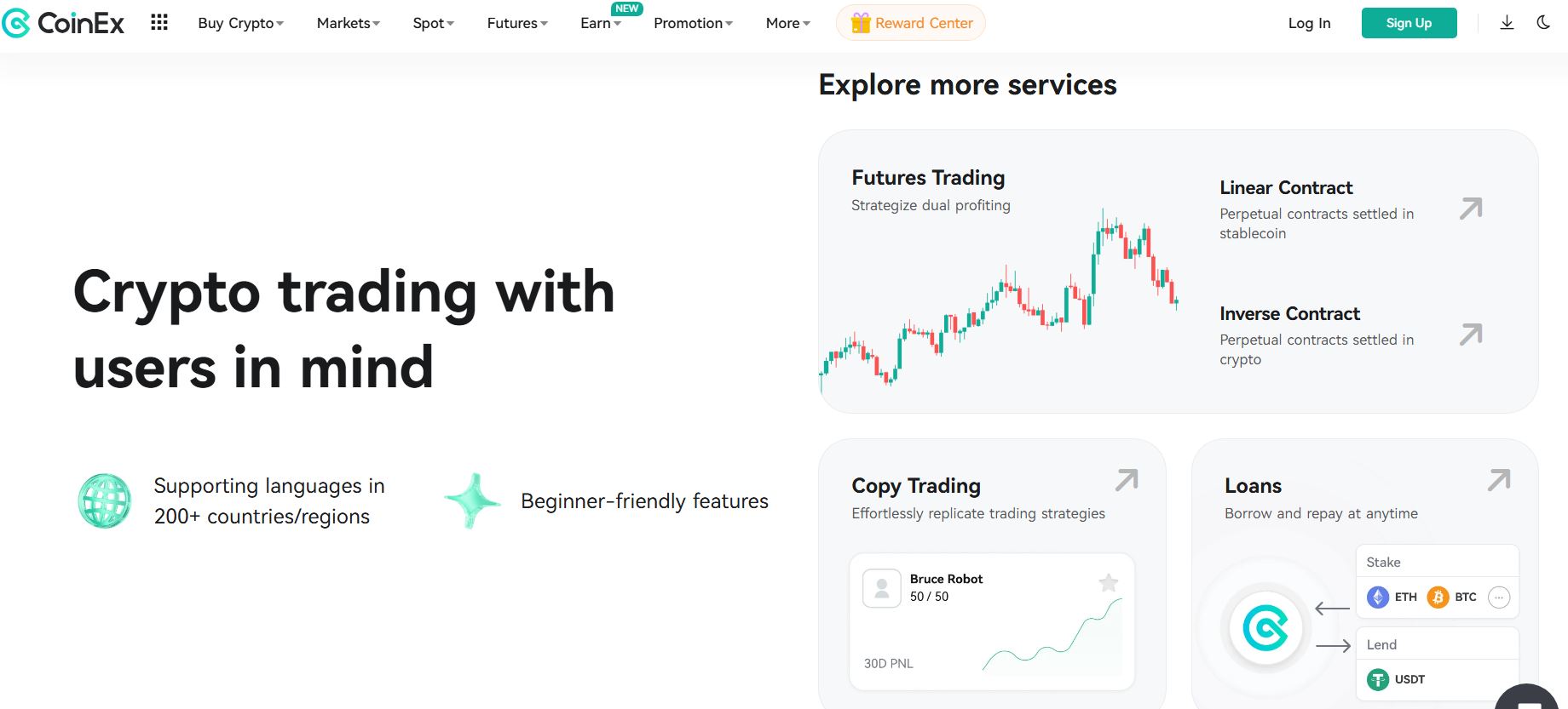 Úvodní rozhraní CoinEx s nabídkou obchodních a investičních nástrojů