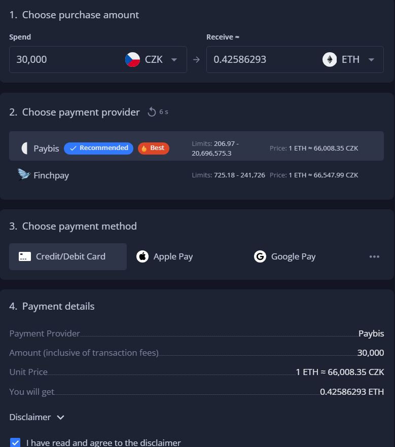 Rychlý nákup ETH na Margexu s výběrem nejvýhodnějšího platebního poskytovatele.