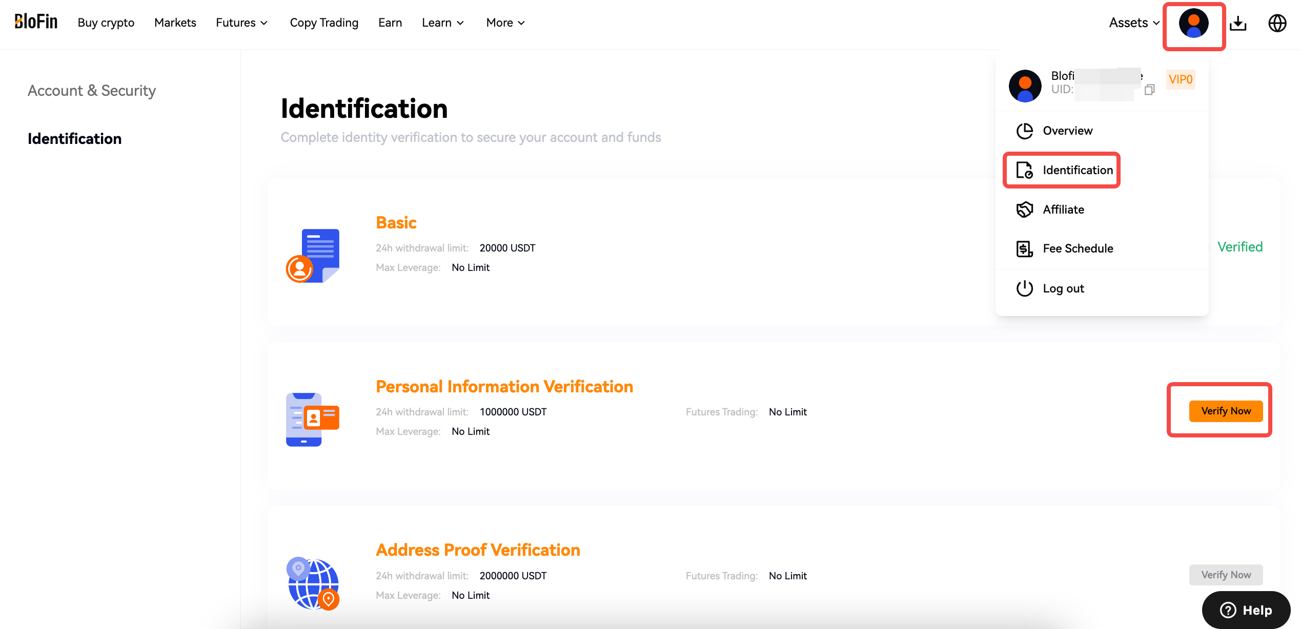 Úrovně ověření na BloFin