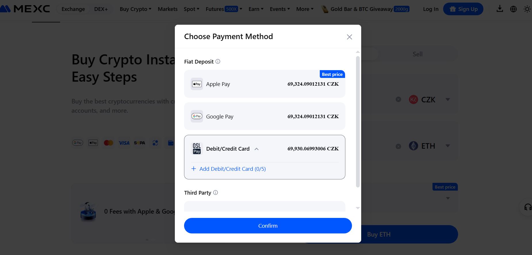 Nákup etherea na MEXC kreditní kartou