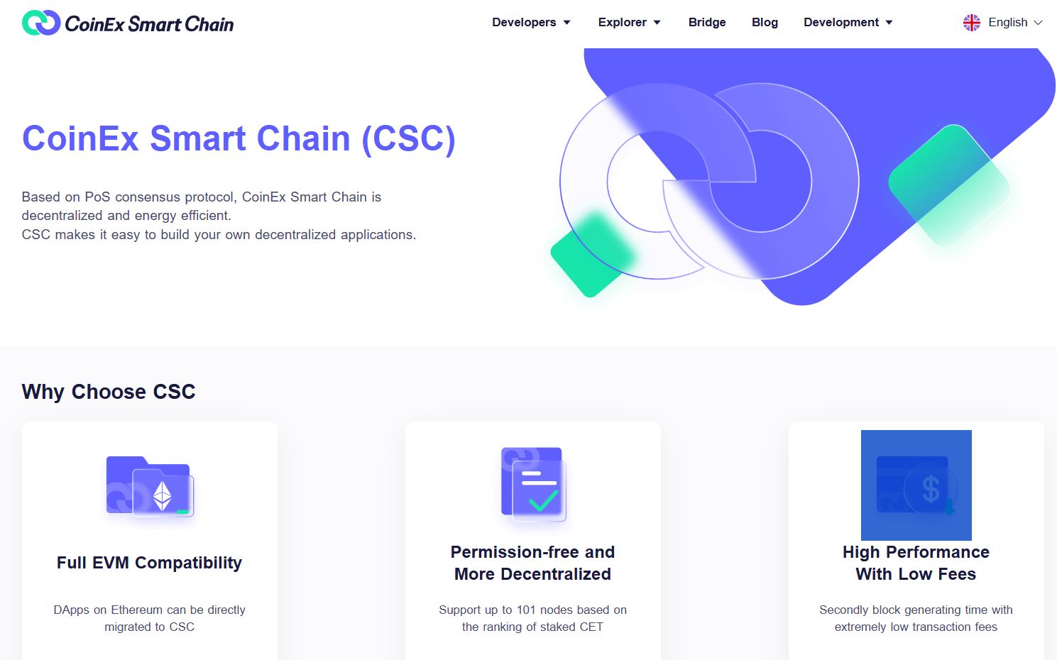 CoinEx Smart Chain (CSC): rychlá, levná a plně EVM-kompatibilní blockchainová síť. Zdroj: coinex.org