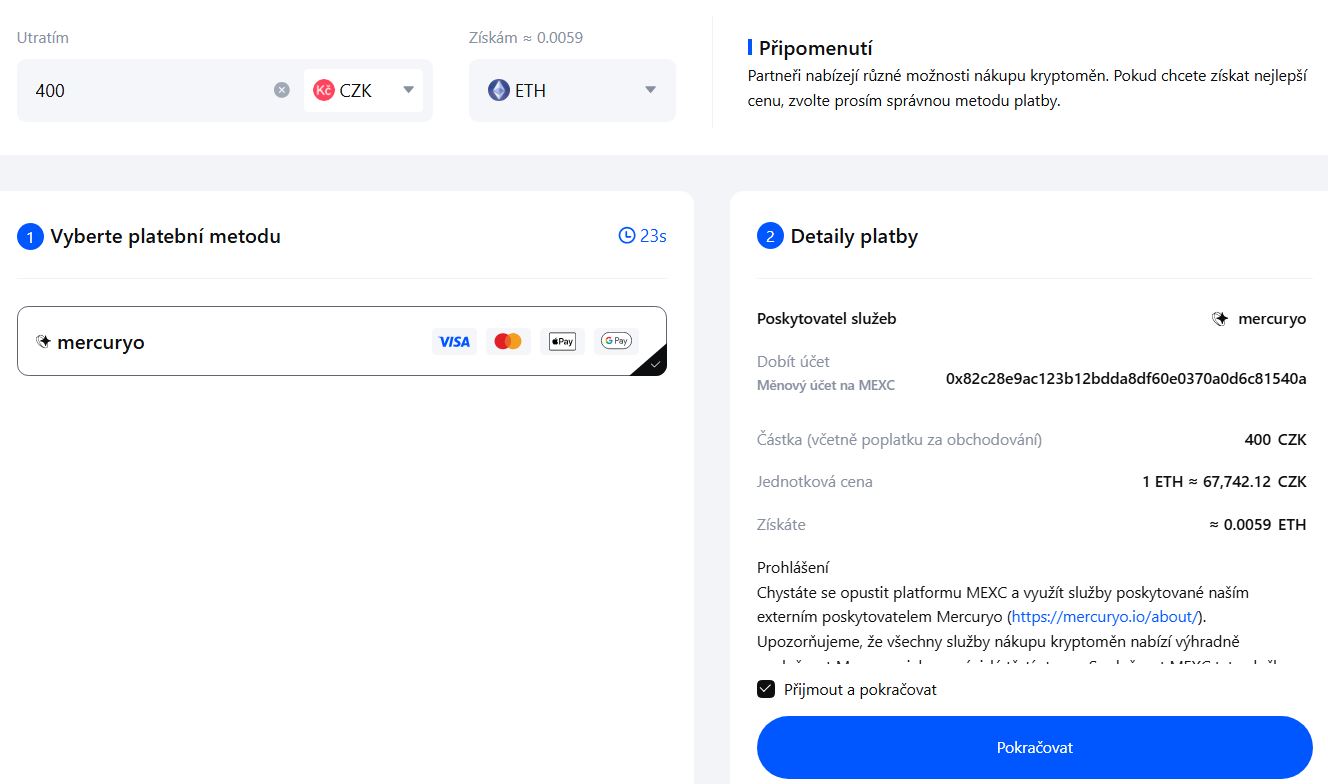 Nákup etherea za CZK na MEXC přes externí platební bránu Mercuryo. Zdroj: mexc.com