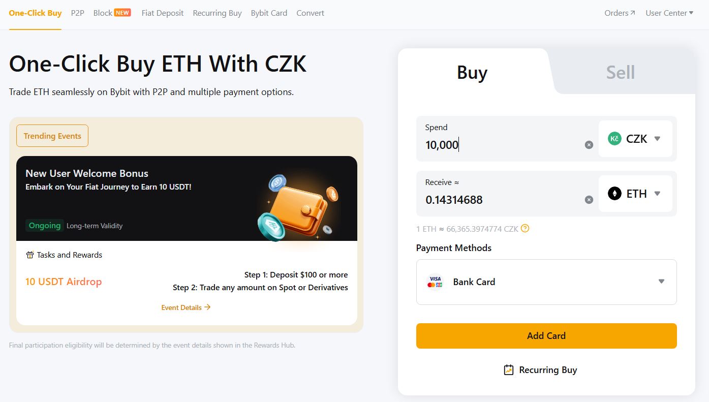 Rychlý nákup ETH za CZK na Bybit s možností pravidelných recurring nákupů.