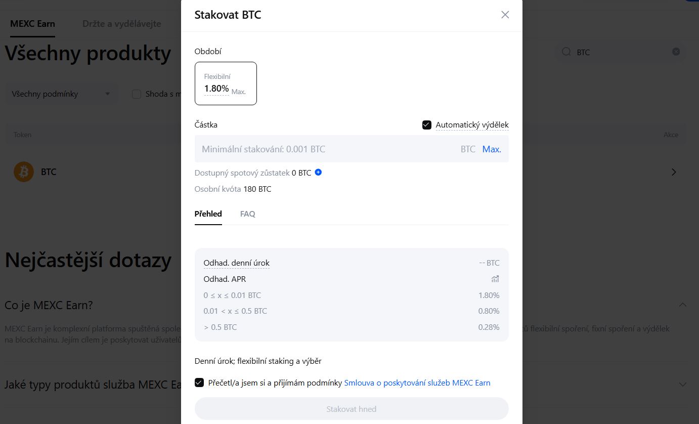 Jak vydělat bitcoin díky stakingu BTC. Zdroj: mexc.com