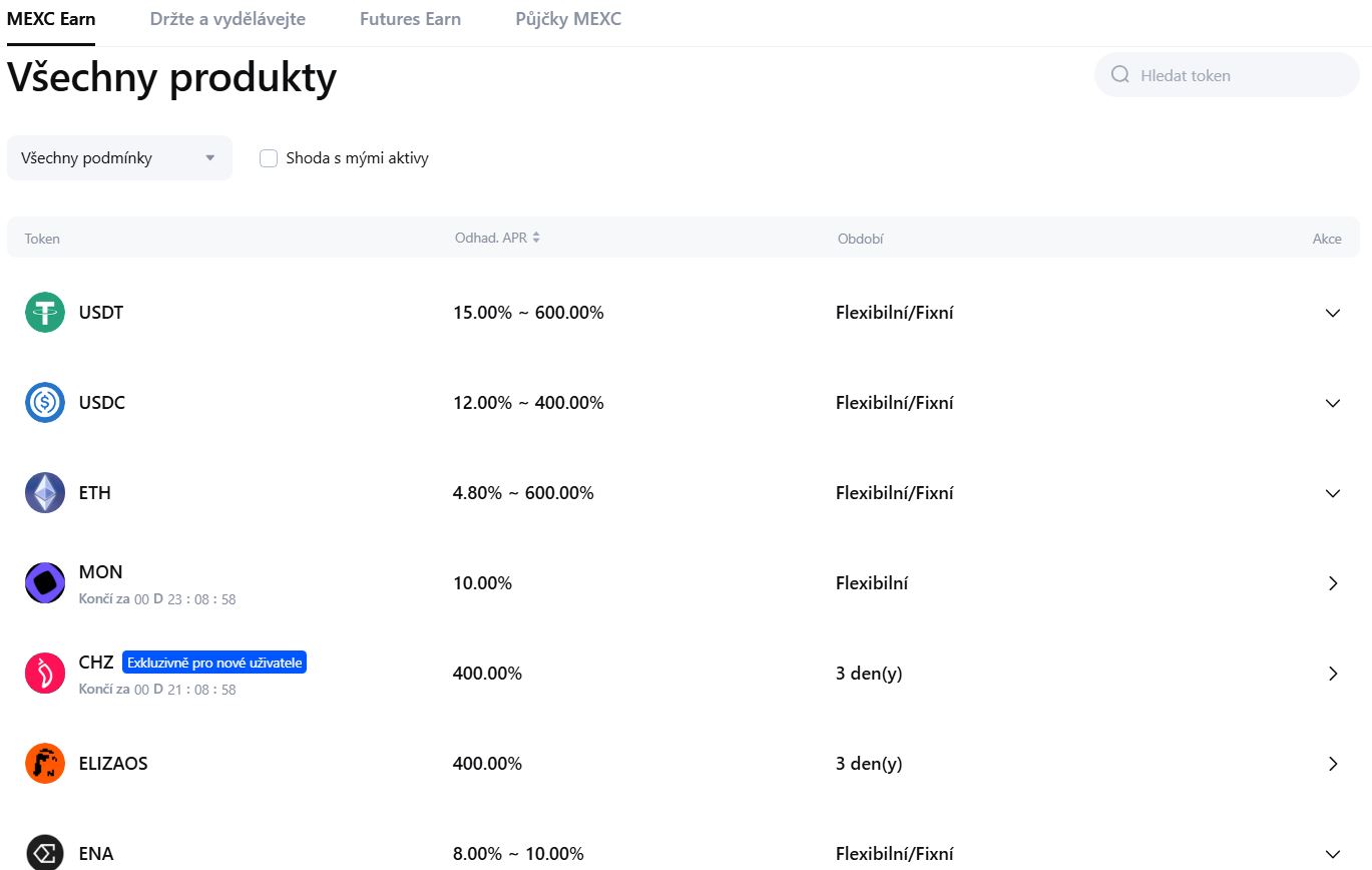 MEXC nabízí rozsáhlou sekci Earn s mnoha možnostmi pasivního výdělku