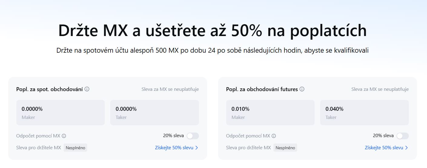 MEXC: spot maker/taker 0.0000 %, futures maker 0.0100 % a taker 0.040 %.