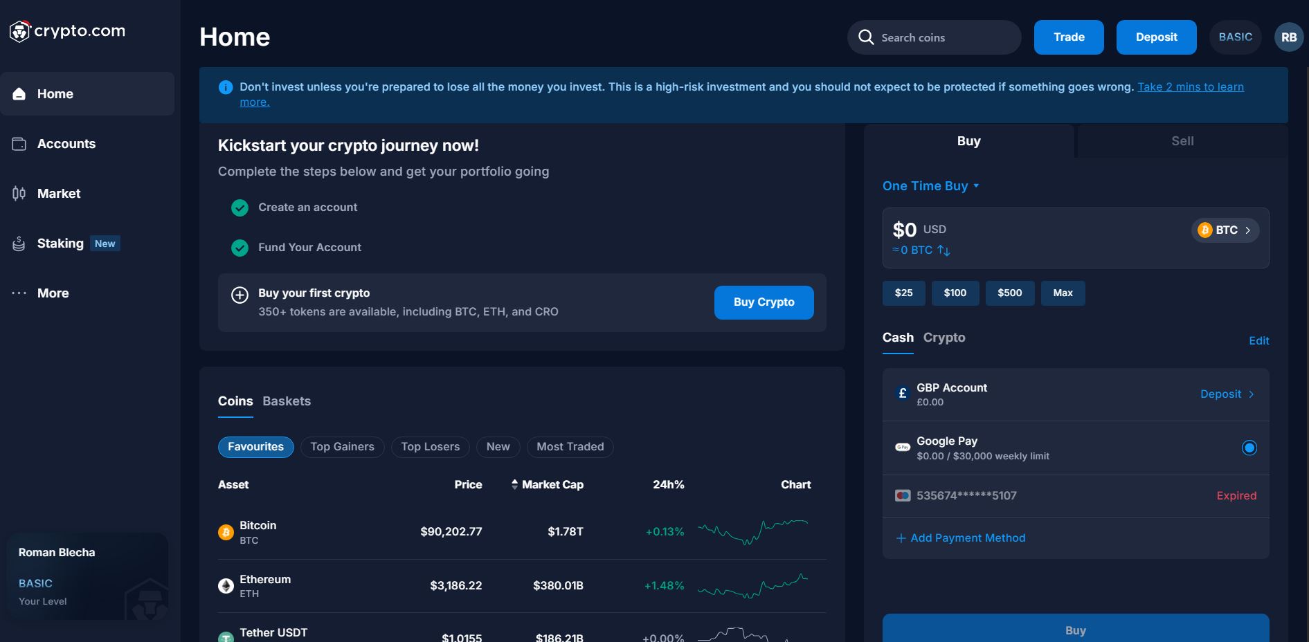Užvatelský dashboard Crypto.com. Zdroj: crypto.com