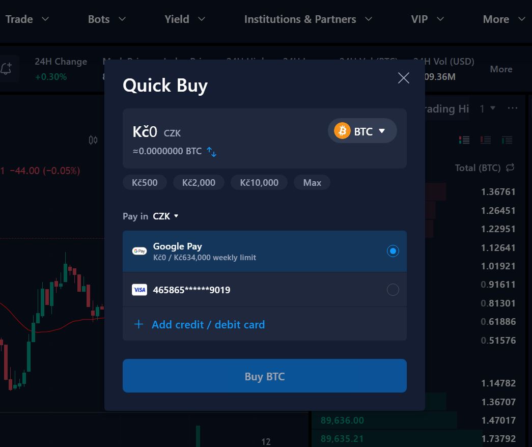 Možnost nákupu BTC za CZK. Zdroj: crypto.com