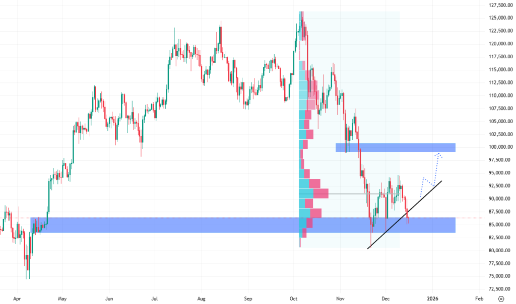 Denní cenový graf bitcoinu, o který aktuálně instituce nejeví příliš velký zájem. 
