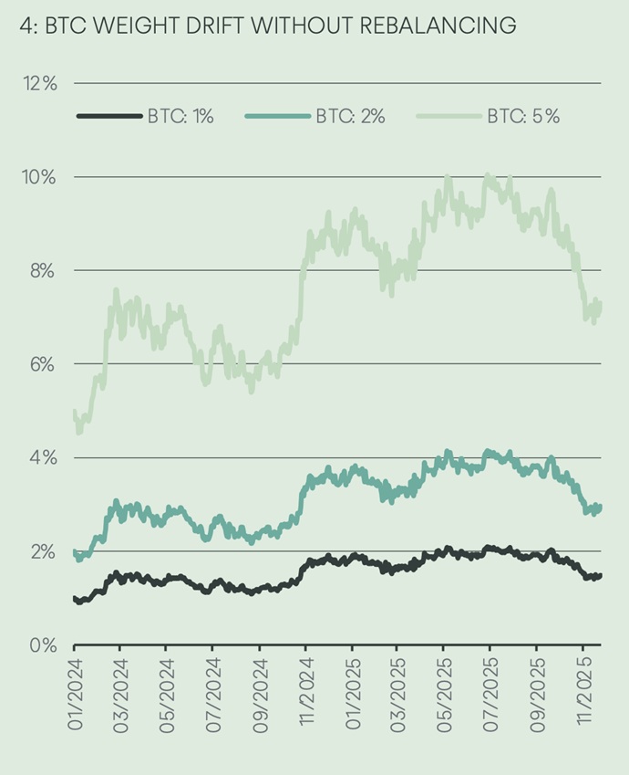 Odchylka váhy bitcoinu v portfoliu bez rebalancování při alokaci 1 %, 2 % a 5 % v období 01/2024–11/2025.