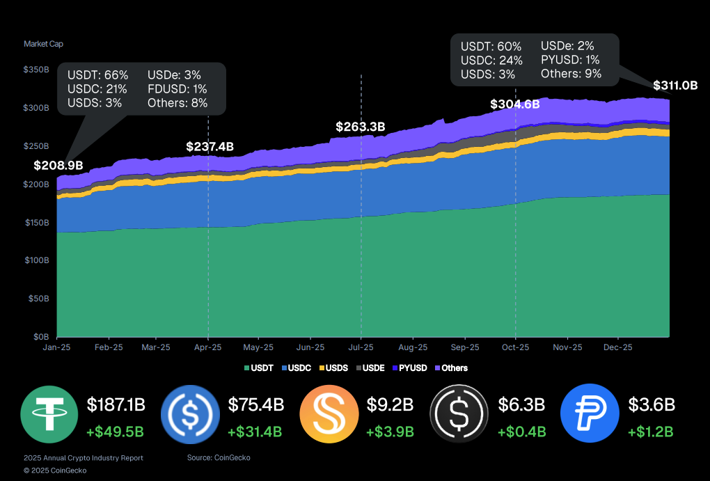 Tether získal 60 % všech výnosů z 311 miliardového trhu