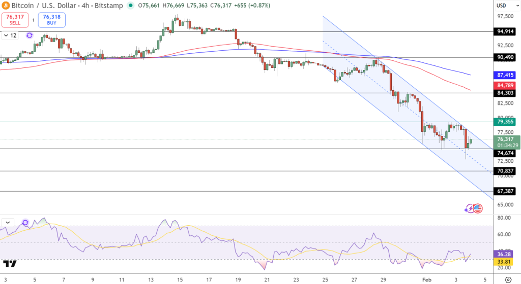 Cena BTC otestovala úrovně kolem 74 000 USD
