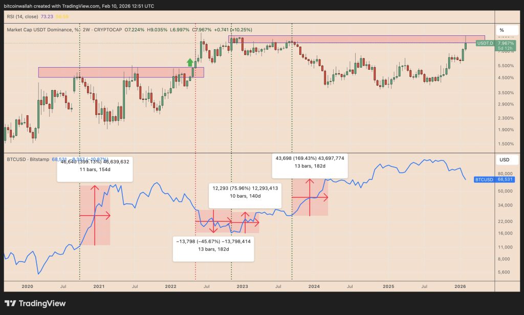 Bitcoin vždy tvořil cenové dno, když dominance USDT byla nejvyšší