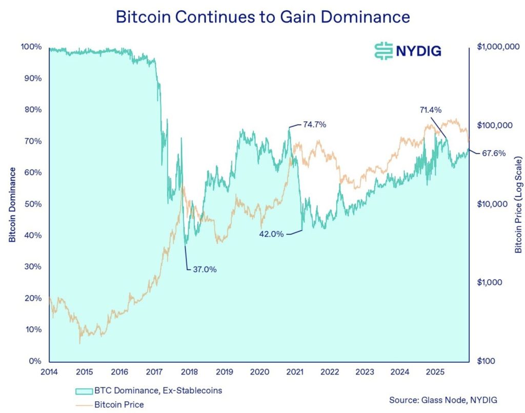 Dominance bitcoinu na úkor zbytku kryptoměnového trhu.