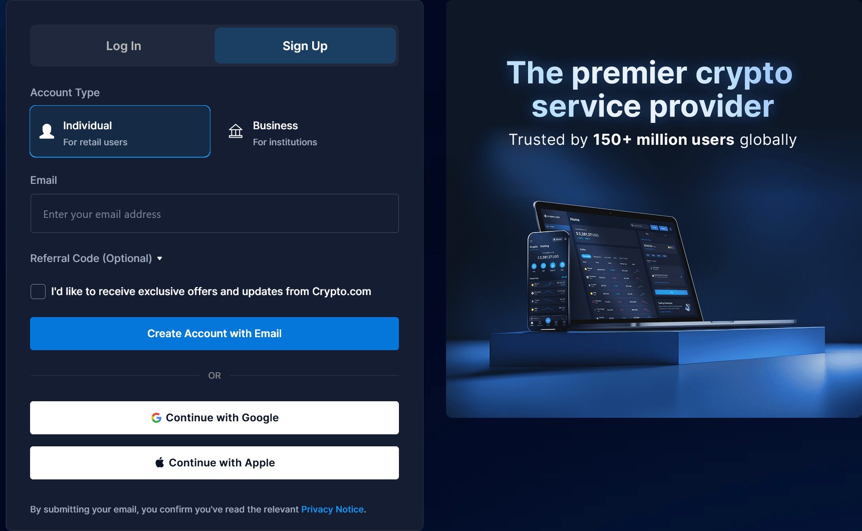 Jak investovat do kryptoměn na crypto.com – První krok je registrace, kterou můžete realizovat i přes Google nebo Apple účet