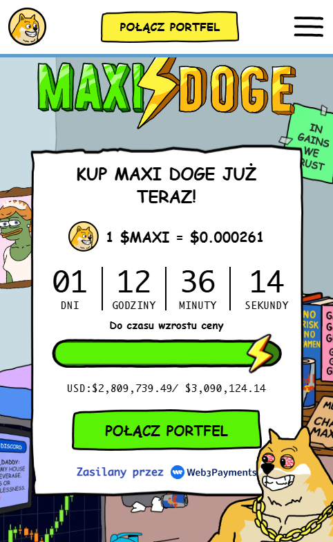 maxi doge strona przedsprzedaży z licznikiem czasu do kolejnego wzrostu cen