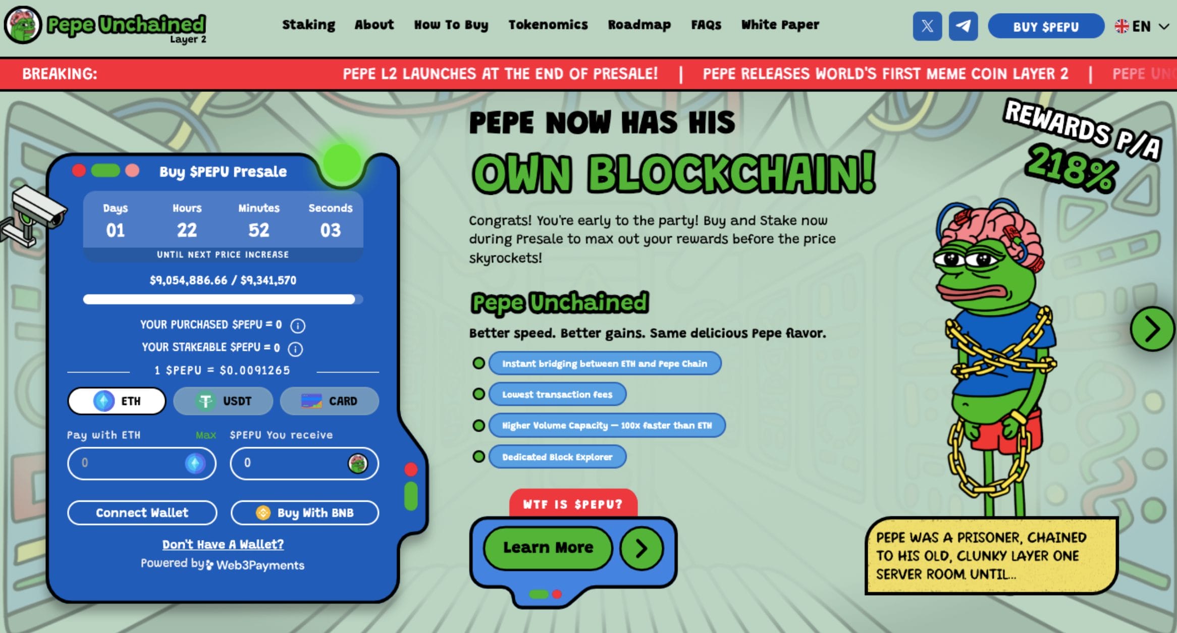 La prévente de Pepe Unchained dépasse les 9 millions de dollars, beaucoup d’activité autour du $PEPE et des Layers 2