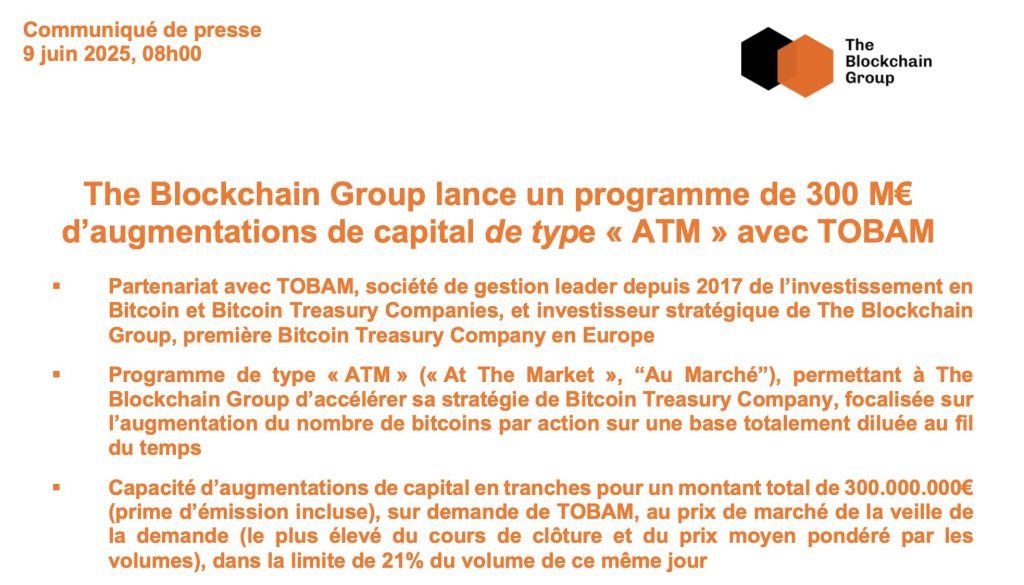 Communiqué de presse The Blockchain Group sur sa stratégie levée de fonds de 300 millions de dollars