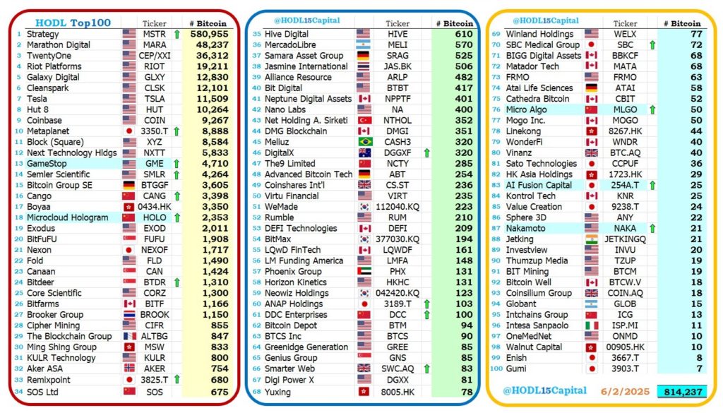 Classement des 100 entreprises détenant le plus de bitcoin dans le monde