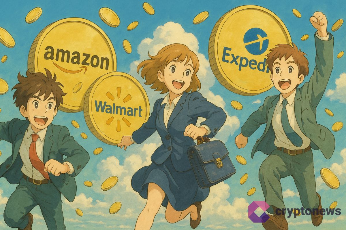 Amazon, Expedia et Walmart représentés par trois personnages qui s'échappent l'air joyeux