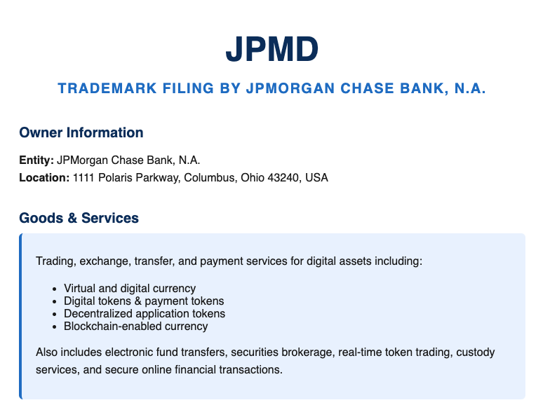 Dépôt de la marque JPMD par JPMorgan Chase Bank