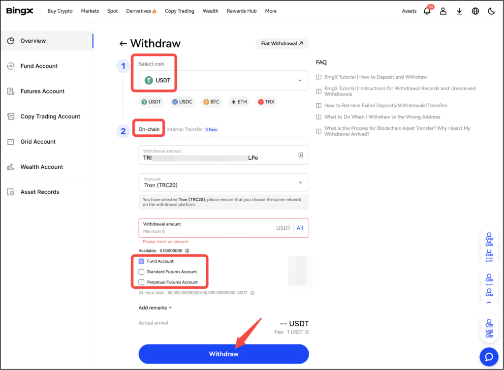 Retrait des fonds sur BingX