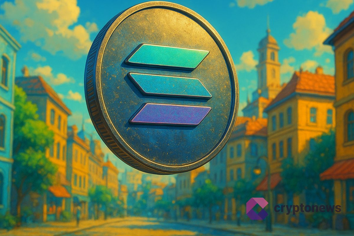 Symbole Solana en gros plan devant un décor urbain, illustrant l'arrivée de l'ETF Solana (BSOL) sur le marché.