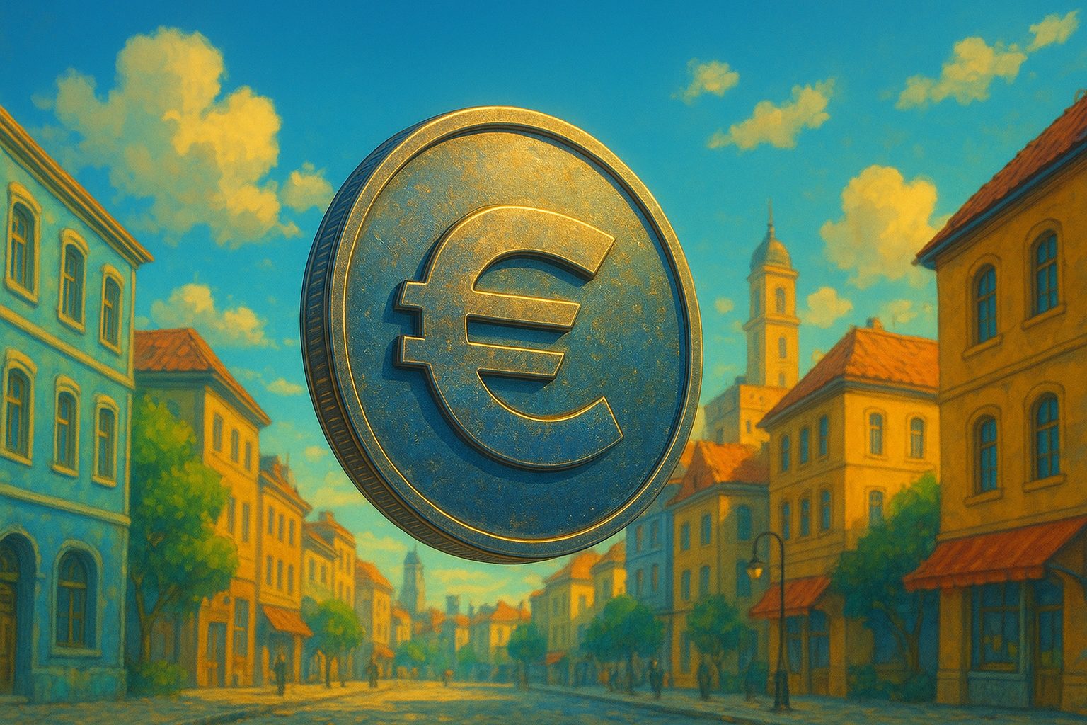 Pièce d’euro en lévitation au-dessus d’une ville européenne baignée de lumière dorée, style Ghibli 3D