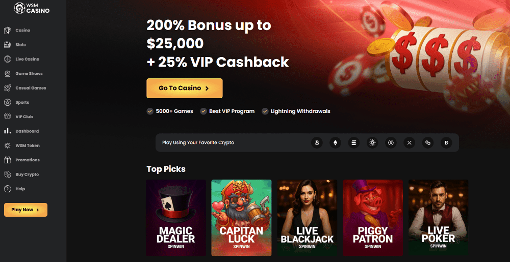 Главная страница крипто казино WSM Casino
