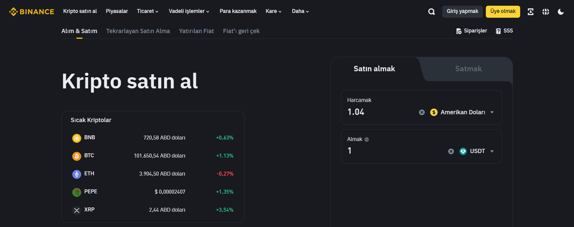 Binance hızlı satın alma aracı