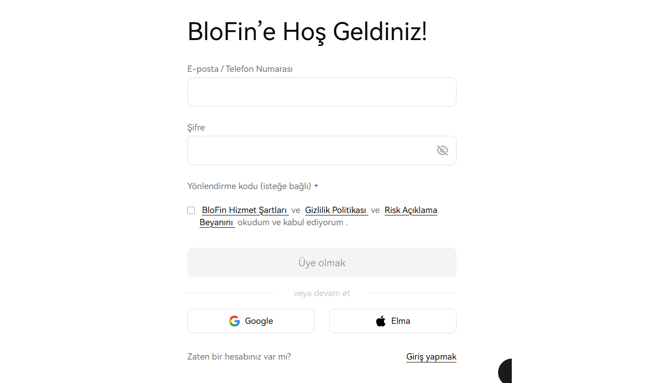 BloFin KYC'siz kayıt olma süreci
