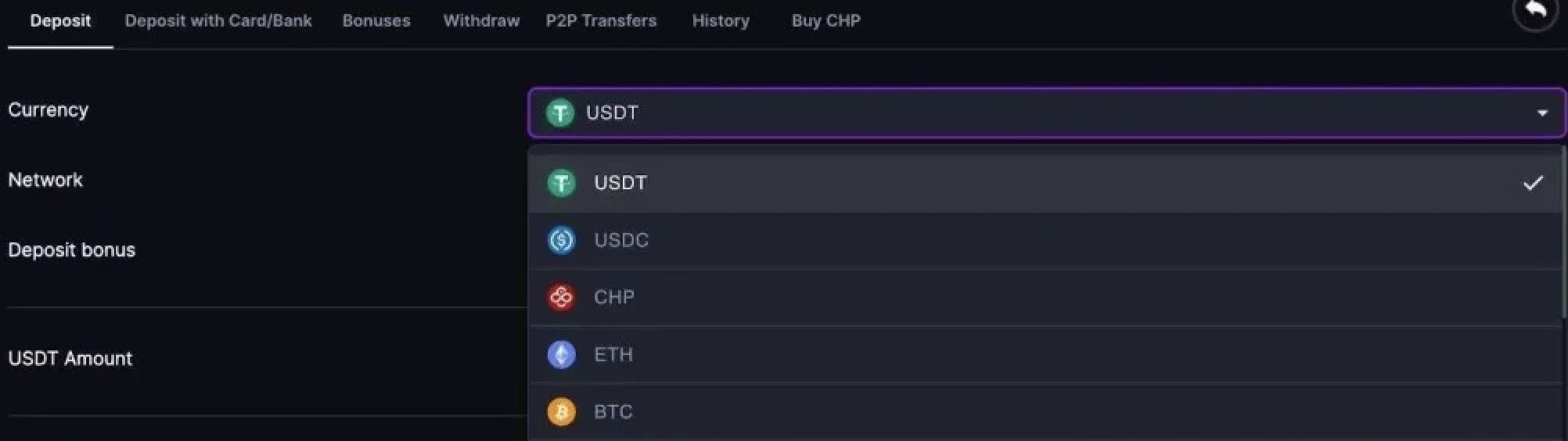 CoinFutures şu dijital varlıkları kabul eder: BTC, ETH, USDT, USDC, POL, BNB, SOL, TRX, WEPE ve CHP