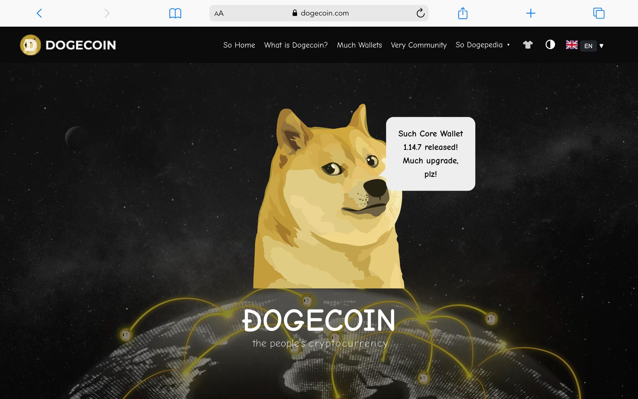 ドージコインの公式ホームページトップ画面