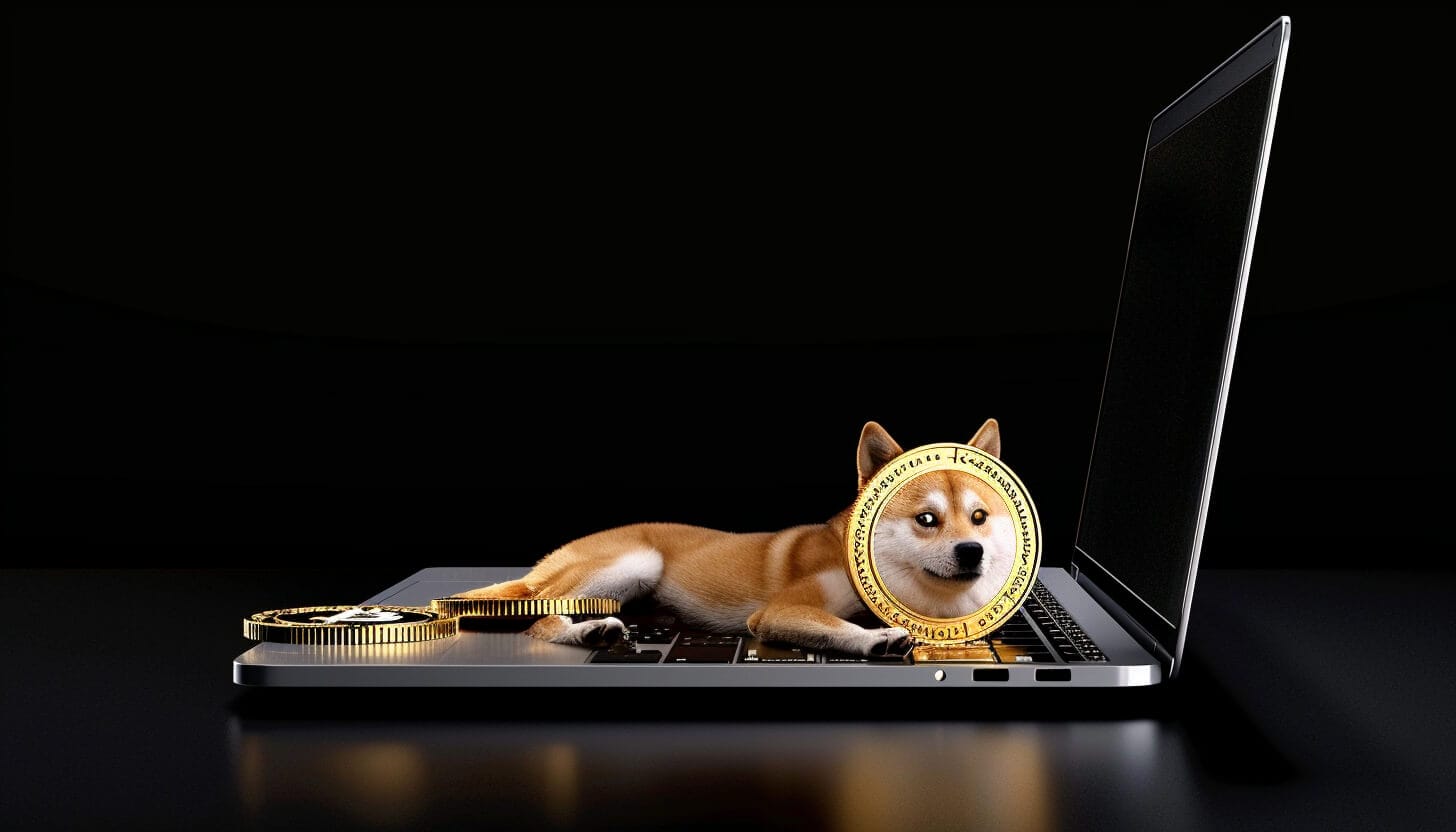 パソコンの上にいる犬とコイン