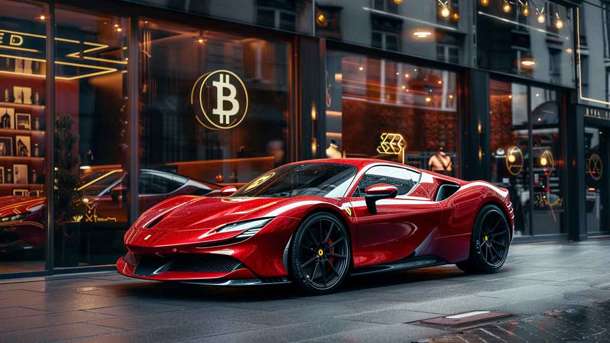 高級感あふれる欧州のフェラーリ販売店前に駐車された艶やかな赤いフェラーリと、近くのデジタル画面に表示された控えめな仮想通貨シンボル