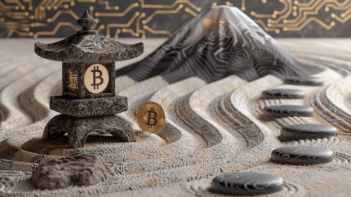 ビットコインのシンボルを描く砂紋の禅庭園、デジタルなバイナリコードを放つ石灯籠、背景には富士山とサーキットボードのパターンが融合した風景