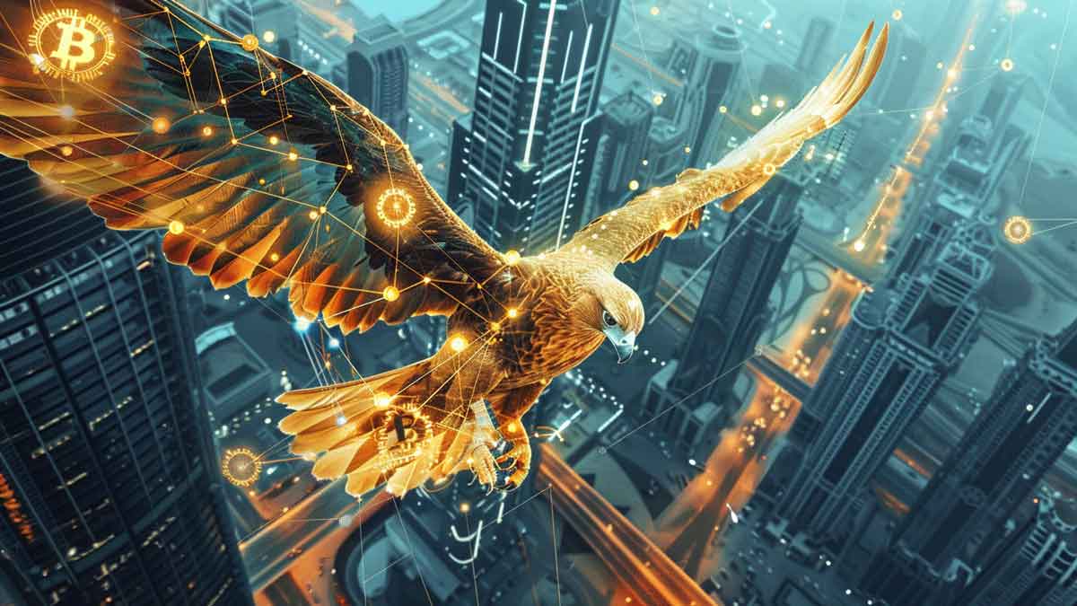 ドーハの未来的な超高層ビル上空を飛ぶ巨大な金色のハヤブサ。