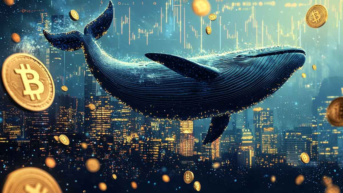 巨大な青いクジラがビットコインの海から飛び出す