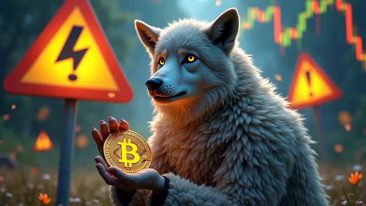 羊の皮を被った狼が仮想通貨コインを持ち、警告サインと株式市場のグラフに囲まれているデジタルイラスト