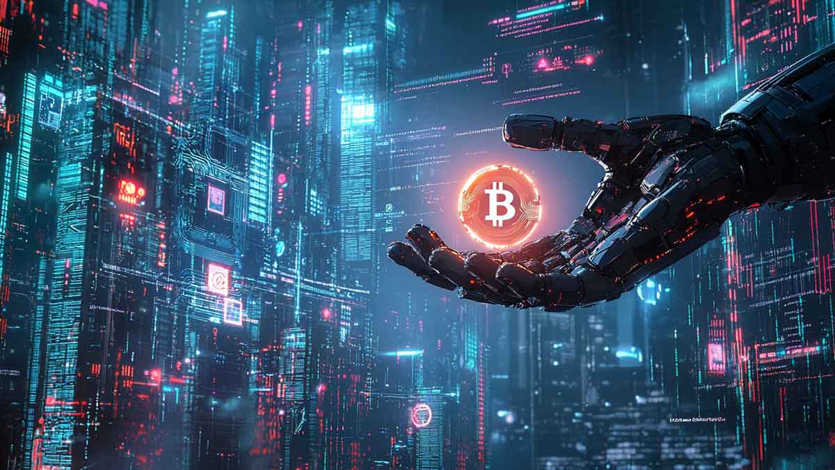 未来的なデジタル都市景観の中で、巨大なロボットの手が輝く仮想通貨コインを持つ